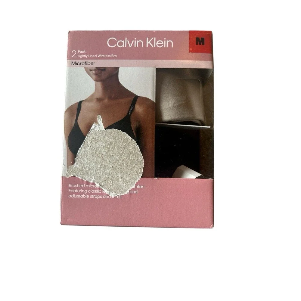 Calvin Klein 2 Pack Women's M Lightly Lined Wireless Bras Medium Black Beige